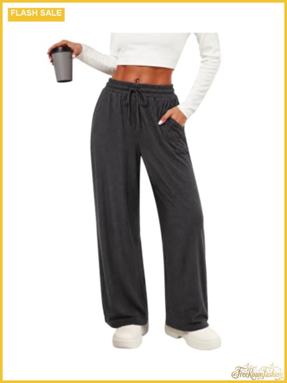 Ribbed Knit Wide Leg Lounge Pants with Pockets Drawstring